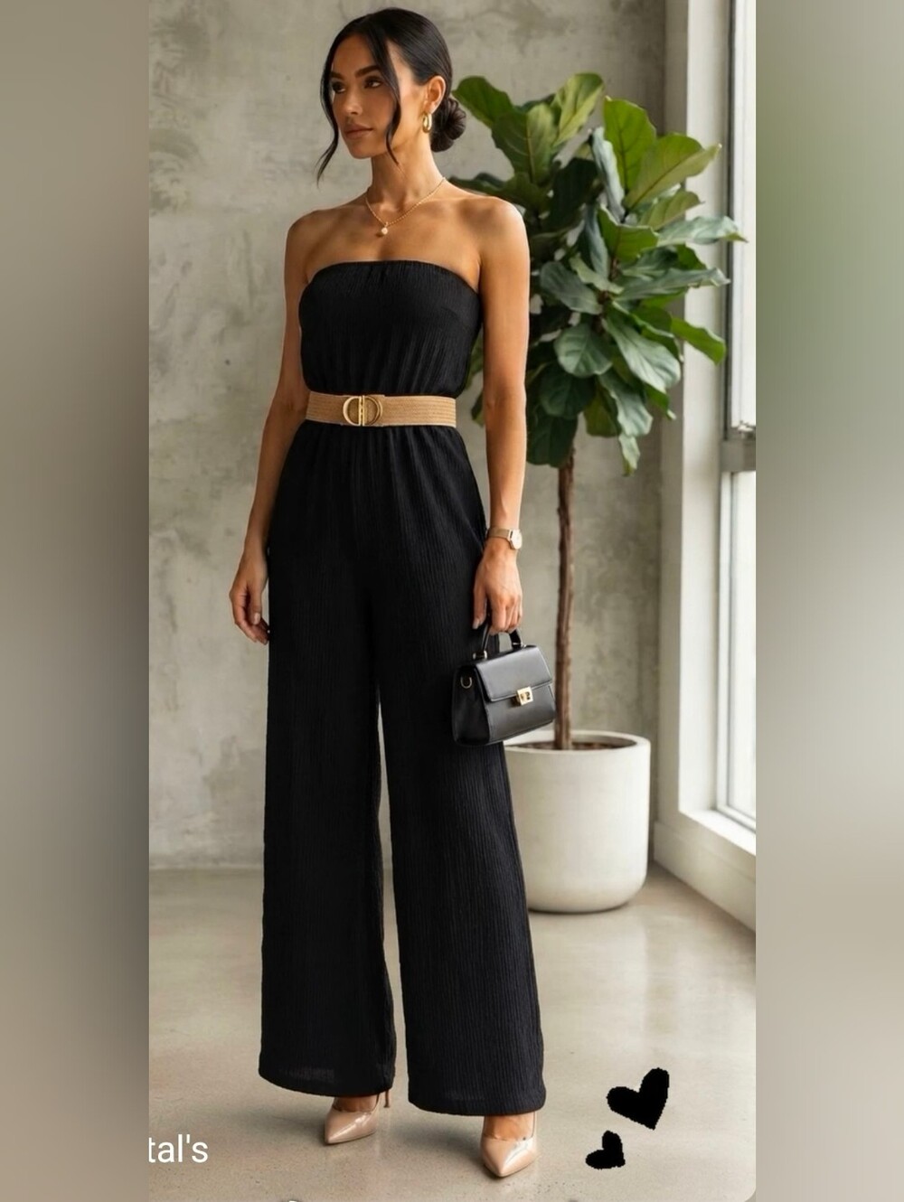 iris Strapless Black Wide-Leg Jumpsuit with Tan Belt
